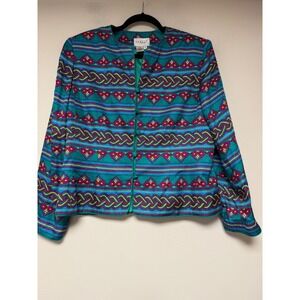 Papell Boutique Silk Blazer Jacket Teal Geometric Print Womens Size 16